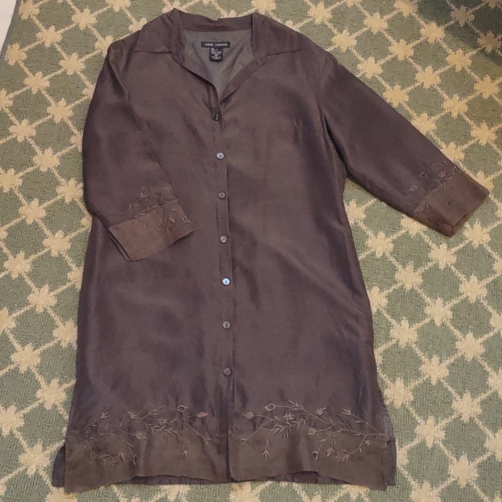 Vintage Anne Carson Unique Silk & Chiffon Floral Embroidered Shirt Dress Sz S/M